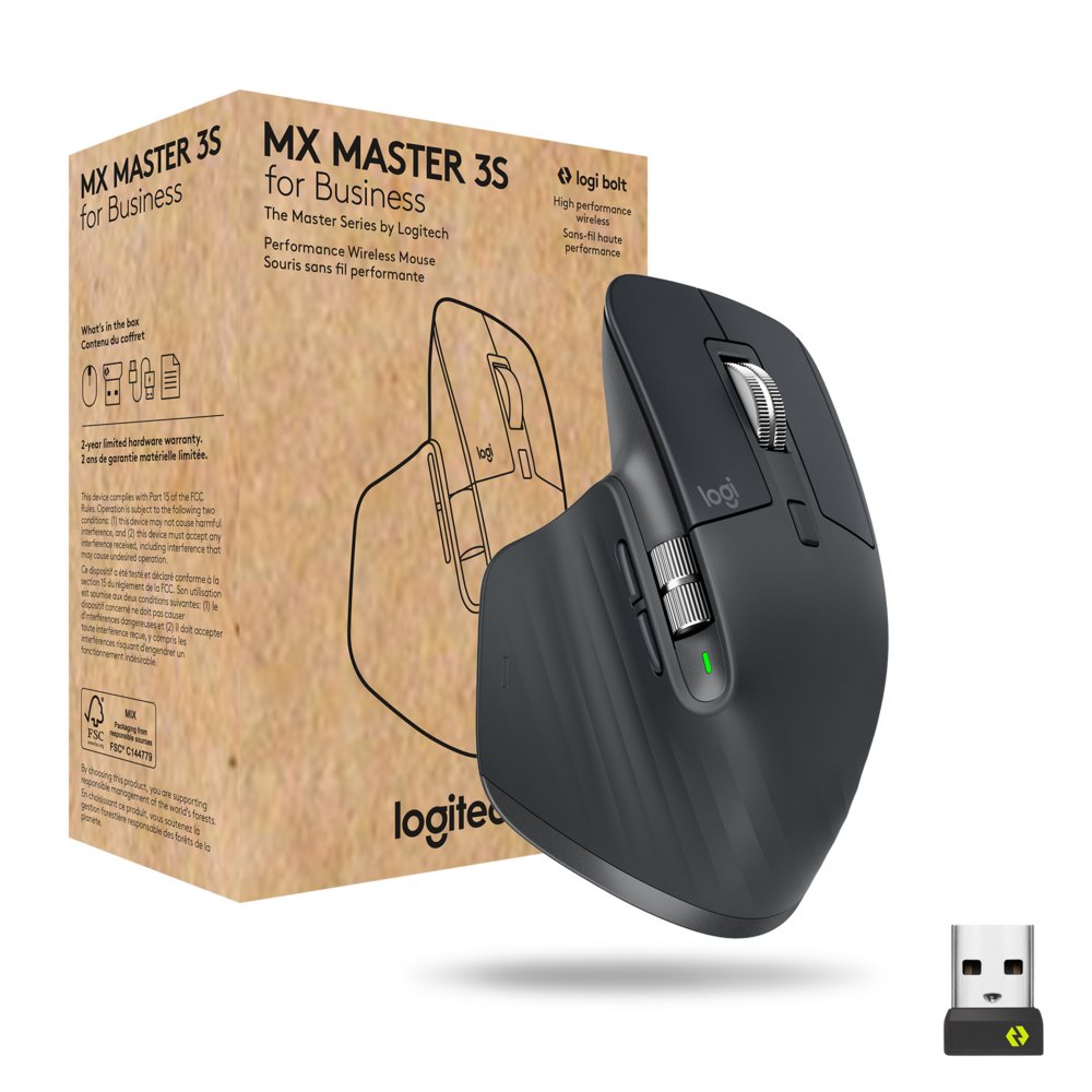 Logitech MX Master 3s for Business | Draadloze Muis | RF-Draadloos + Bluetooth | 8000 DPI | Grafiet - Matmuis - Matmuis